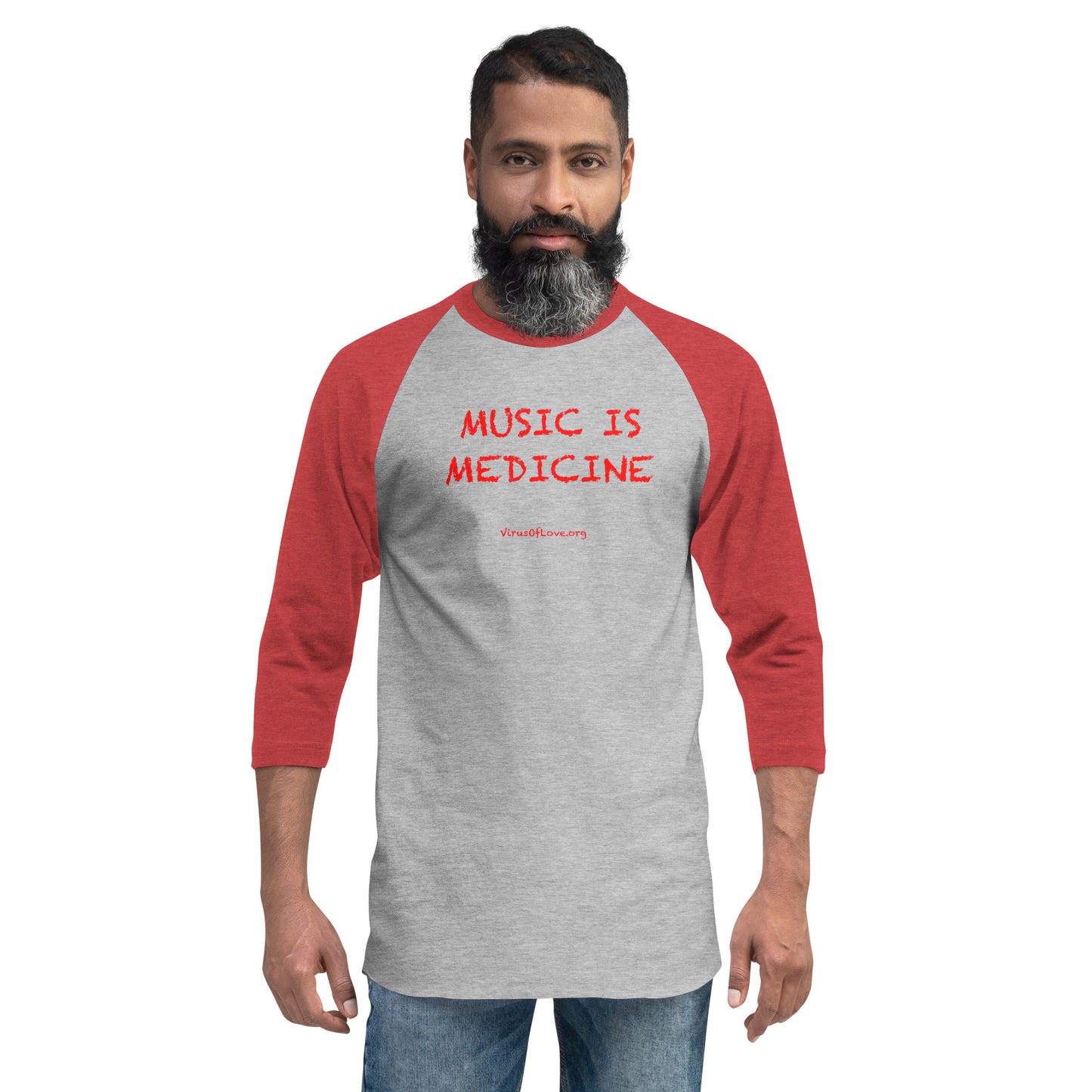Music is Medicine - red font - 3/4 sleeve shirt